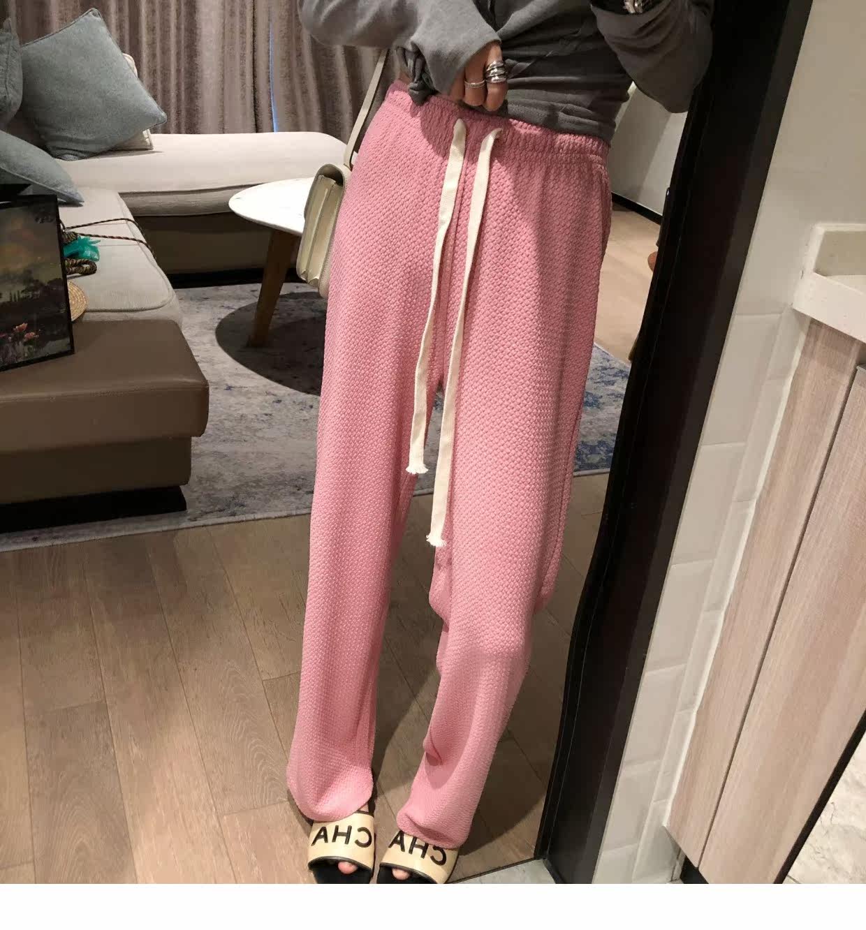 泡泡纱抽绳阔腿长裤2022春装新款直筒宽松高腰垂感显瘦长裤详情5