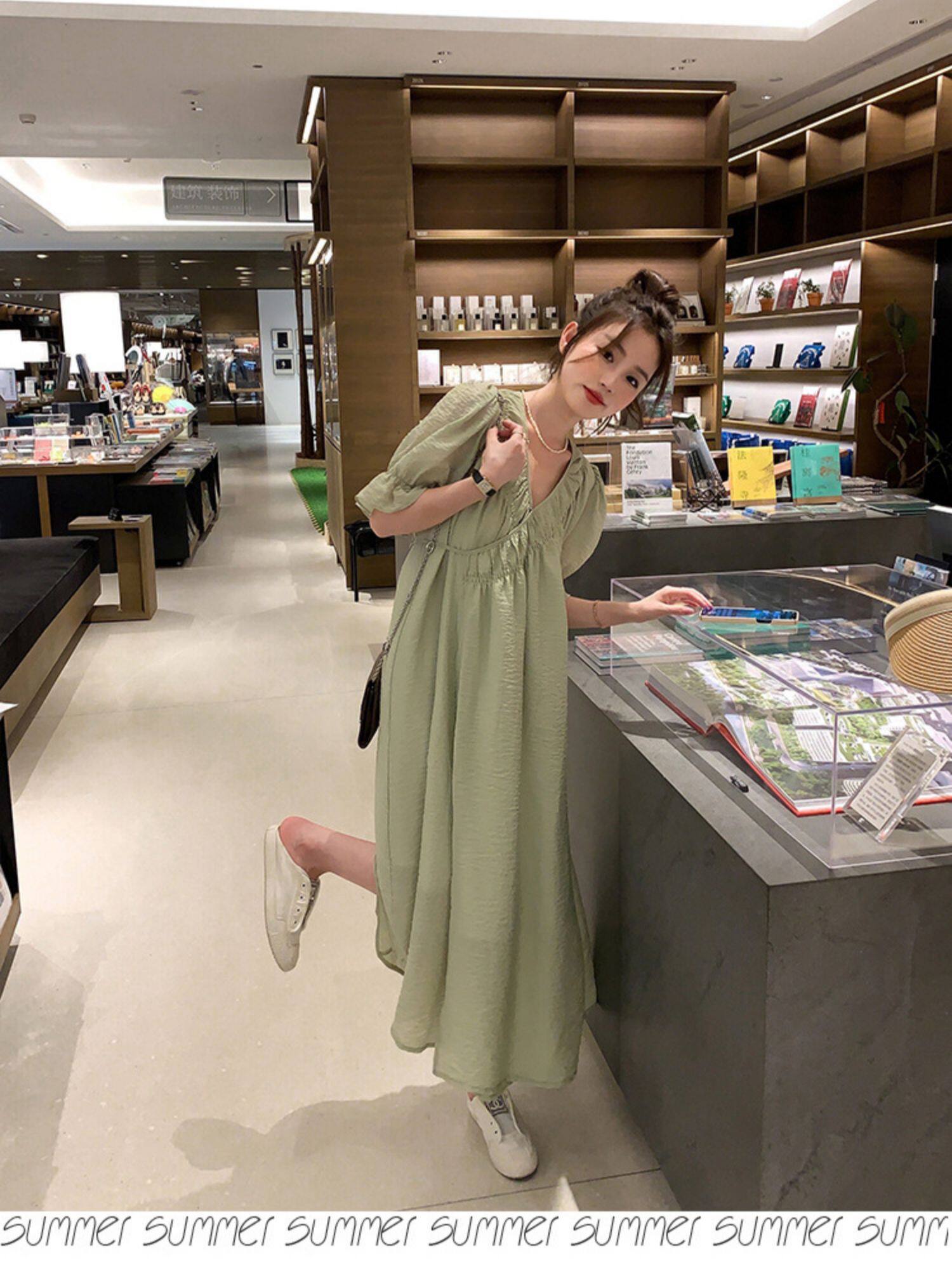 2022夏季温柔风无领绑带披挂式V领连衣裙女系带收腰显瘦A字裙详情23