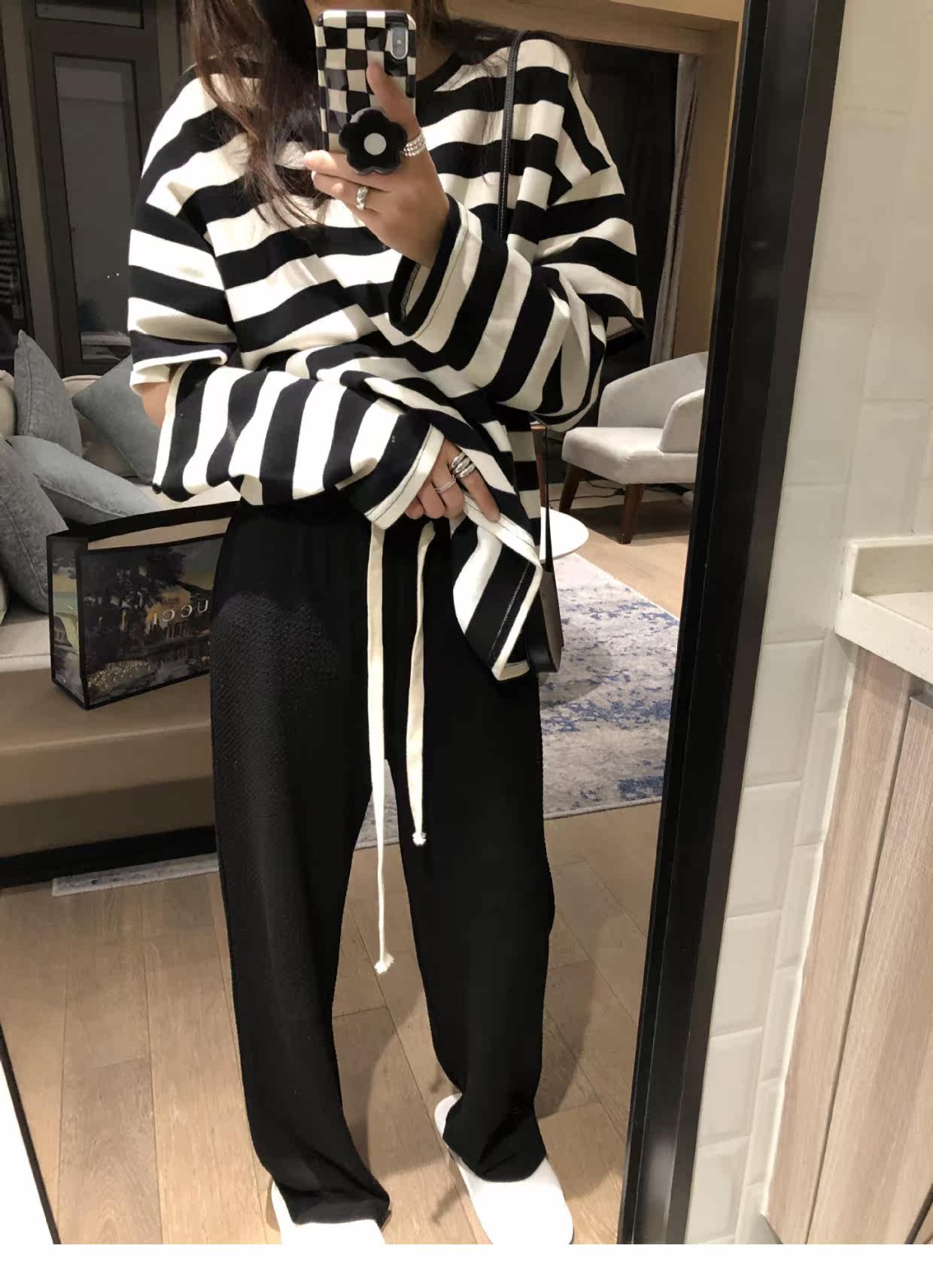 泡泡纱抽绳阔腿长裤2022春装新款直筒宽松高腰垂感显瘦长裤详情16