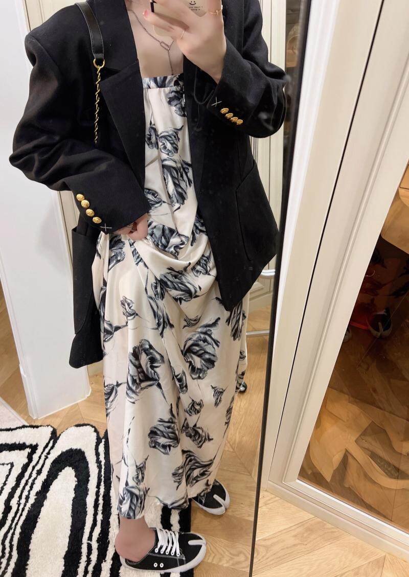 chic French retro high-end halter dress, summer ink-wash print, beach vacation, seaside photo long dress for women pic 9