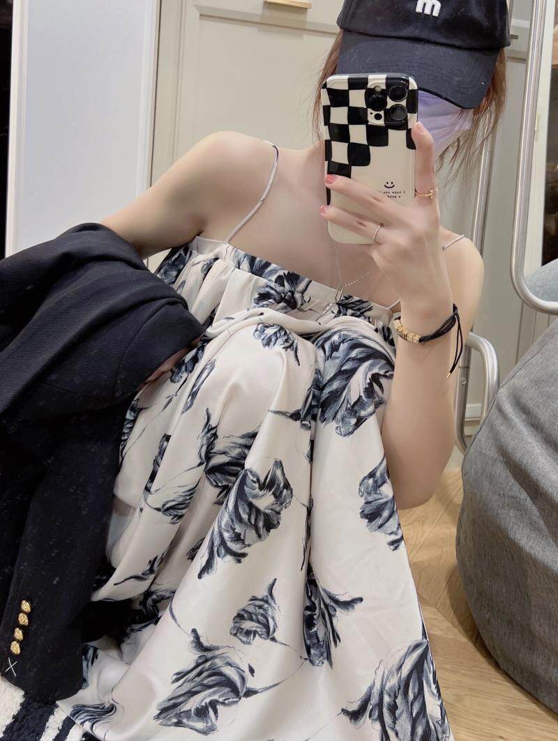 chic French retro high-end halter dress, summer ink-wash print, beach vacation, seaside photo long dress for women pic 18