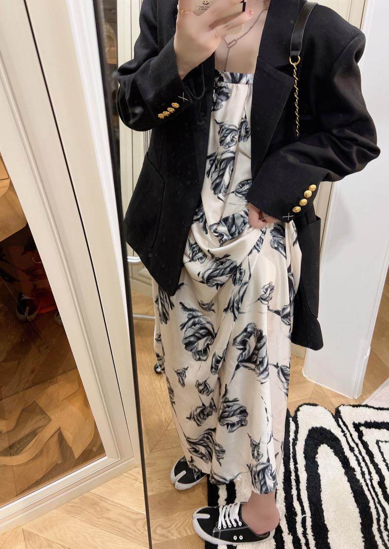 chic French retro high-end halter dress, summer ink-wash print, beach vacation, seaside photo long dress for women pic 19