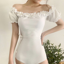 South Korea small fragrant wind wood ear shoulder swimsuit female one-piece short sleeve steel support gathering hot spring swimsuit