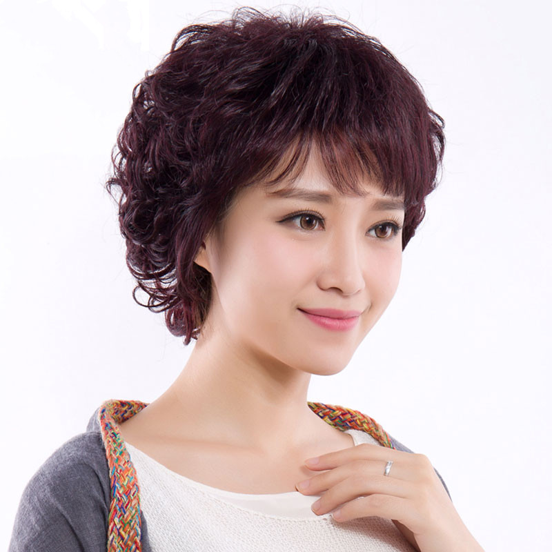 美琪假发女短发透气逼真中年女士真发蓬松短卷发中老年整顶假发套