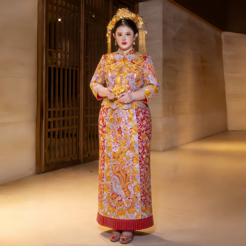 Plus-Size Dragon and Phoenix Cheongsam, Five Blessings Bride Wedding Dress, New Chinese-Style Wedding Attire for Plus-Size Women, Slimming Gown, Royal Wedding Dress