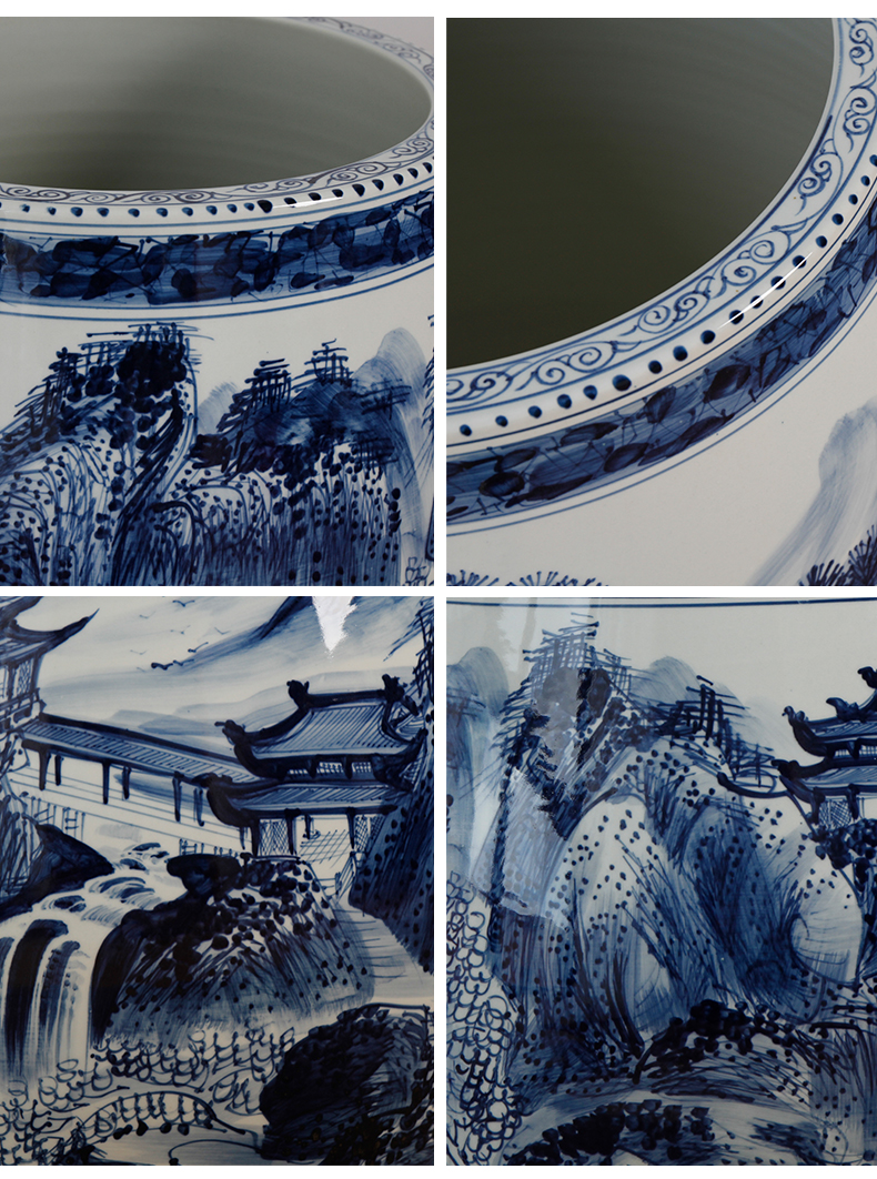 Jingdezhen ceramic painting and calligraphy cylinder hand - made of blue and white porcelain antique calligraphy and painting porcelain painting cylinder tube to receive a large scroll cylinder study