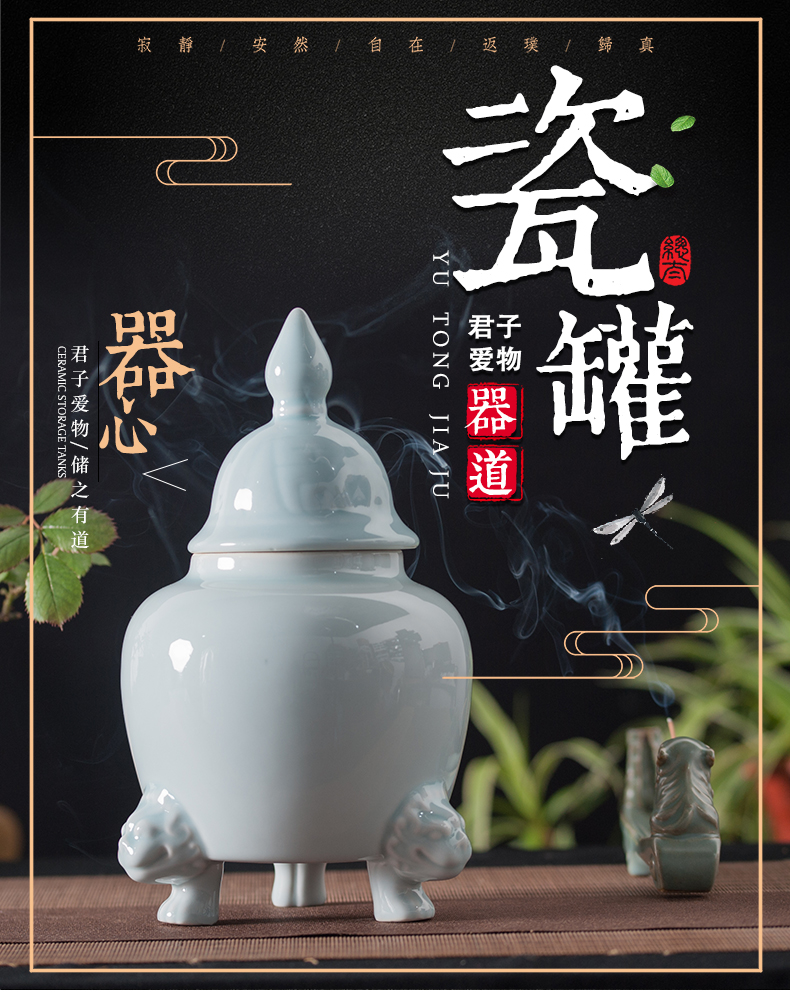 Jingdezhen ceramic tea pot shadow blue glaze three - legged storage tank vessel contracted practical modern decoration home furnishing articles