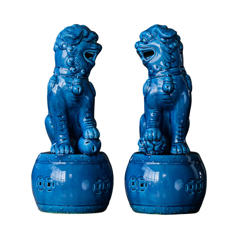 Jingdezhen ceramic blue lion dog animal furnishing articles of new Chinese style living room porch decoration process