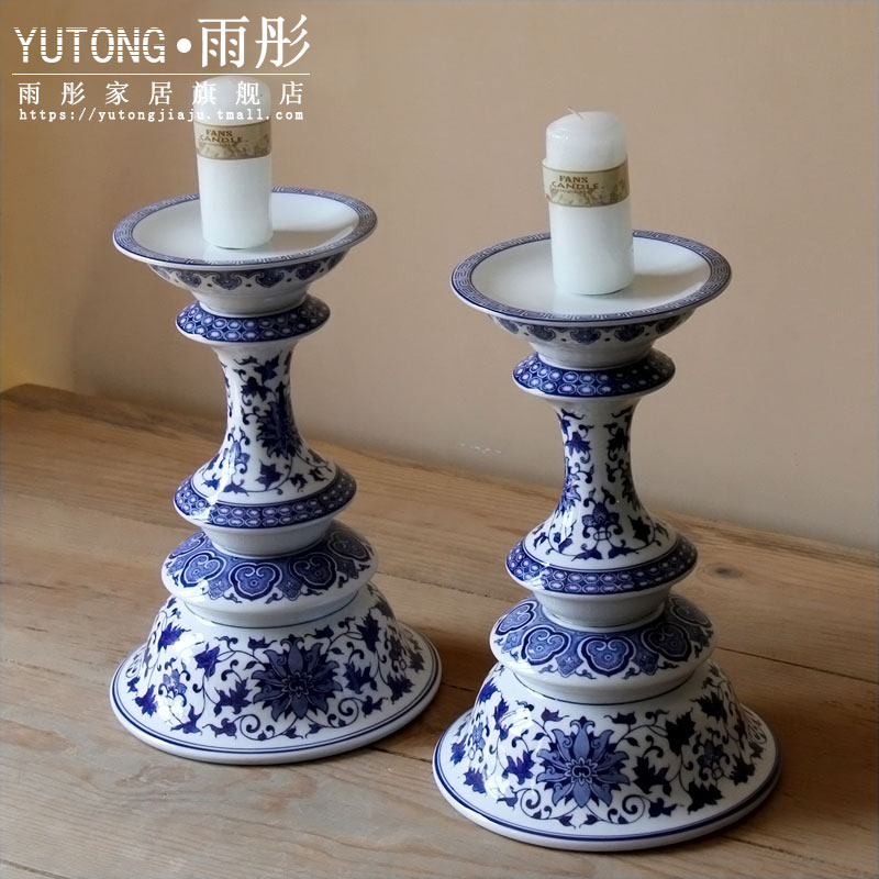 Jingdezhen blue and white porcelain high candlestick creative ceramic candelabra handicraft zen ceramic decorative furnishing articles