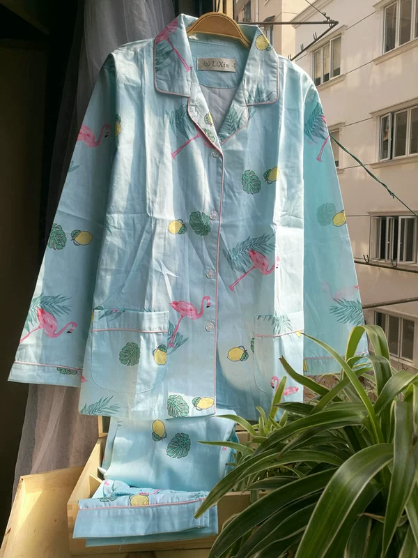 100% cotton cotton vài bộ đồ ngủ cotton dệt tay dài tay đặt nam và nữ ngắn tay phục vụ nhà mùa xuân và mùa hè mỏng