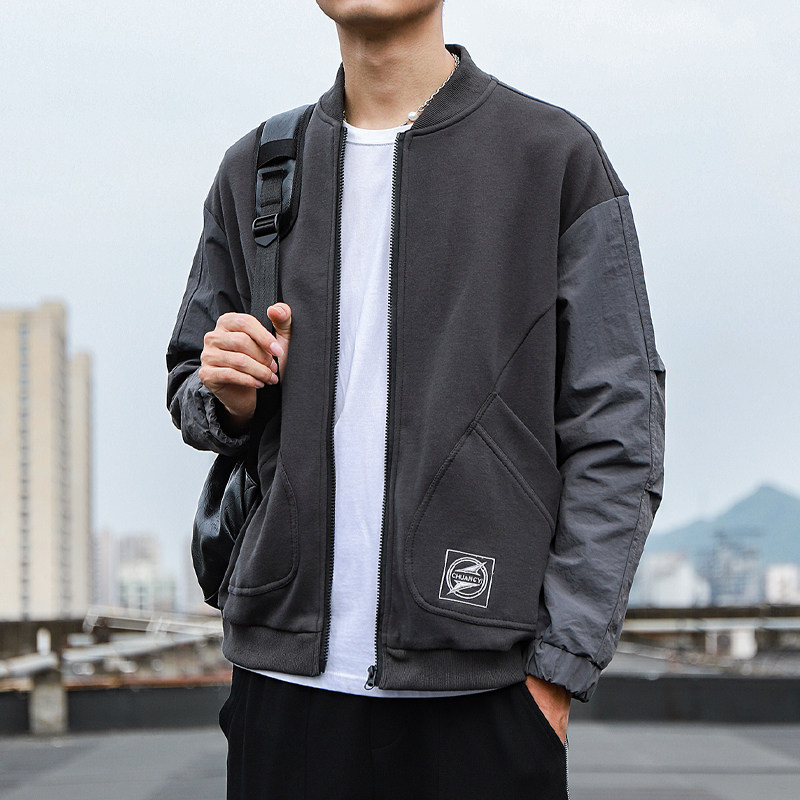 Spring baseball collar jacket men's Korean version trendy loose splicing casual sports cardio-hoodie jacket spring and autumn youth