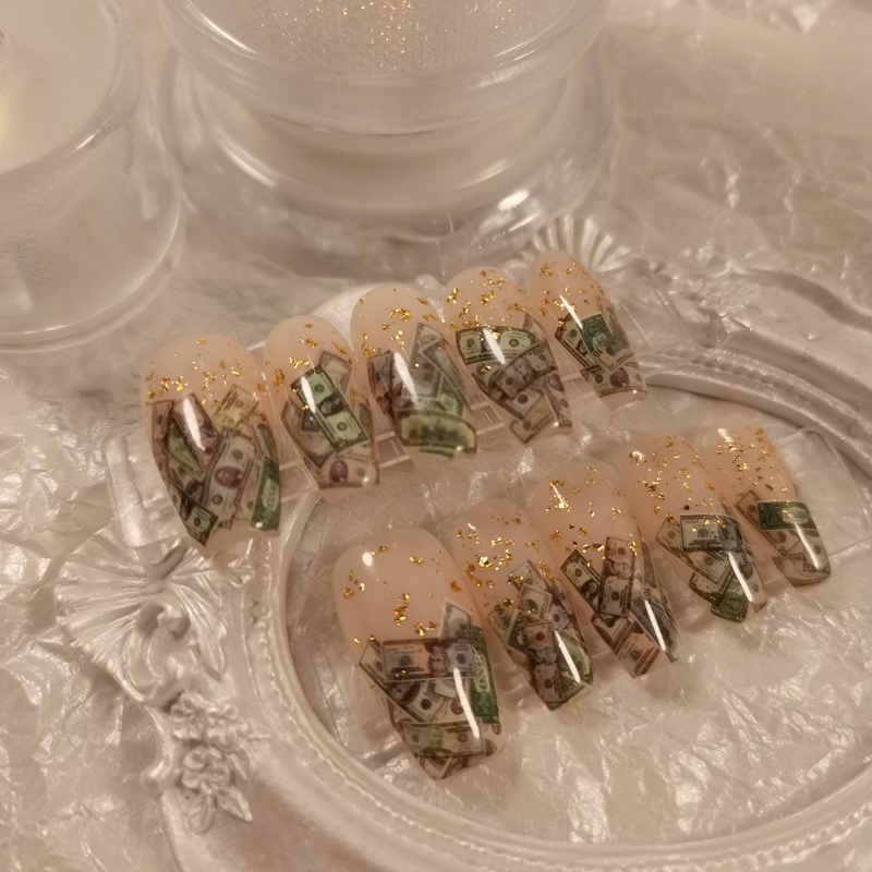 [Daytime Dream Traveler] European and American Style Beautiful Knife Paper Drunken Gold Fan Handmade Wearable Manicure Nail Stickers Fake Nails