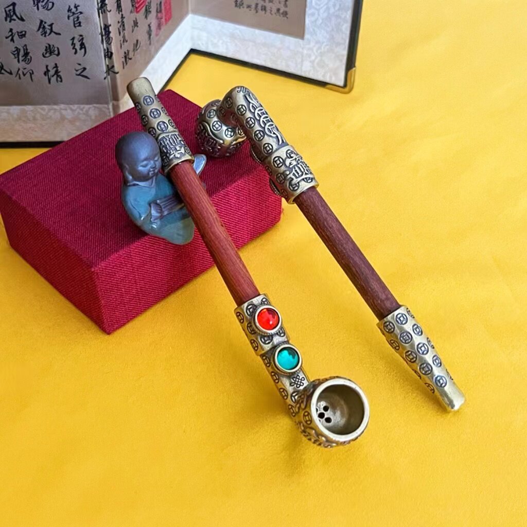 高档红檀木旱烟大斗子黄铜烟锅手工烟袋锅旱烟招财进宝黄铜烟斗木-Taobao Singapore
