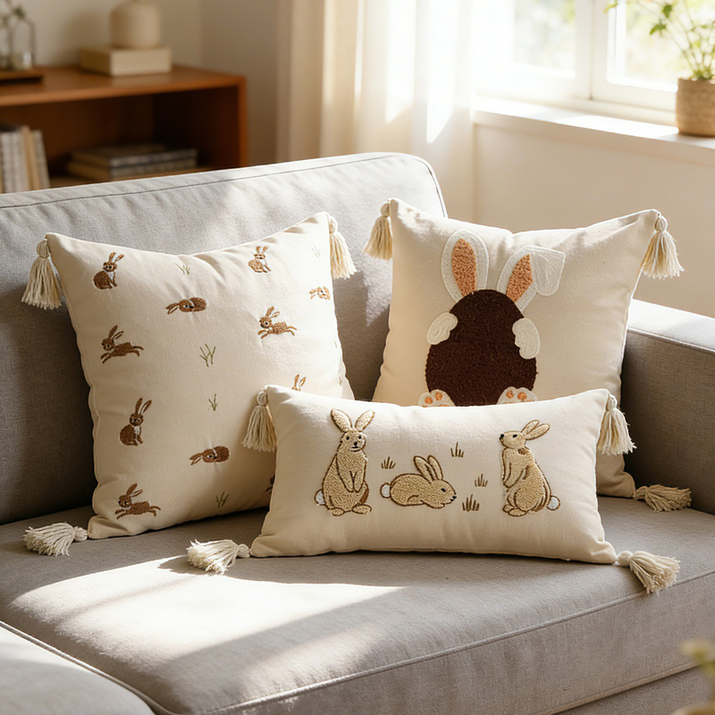 Easter Bunny Towel Embroidery Cushion Cover Spring Garden Outdoor Cotton Linen Embroidered Pillow Cover