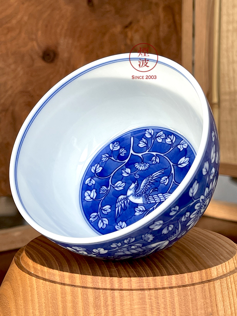 Jingdezhen spring breeze blue and white blue land auspicious auspicious jade Zou Jun up system with flowers and birds painting of cylinder cups of tea cups