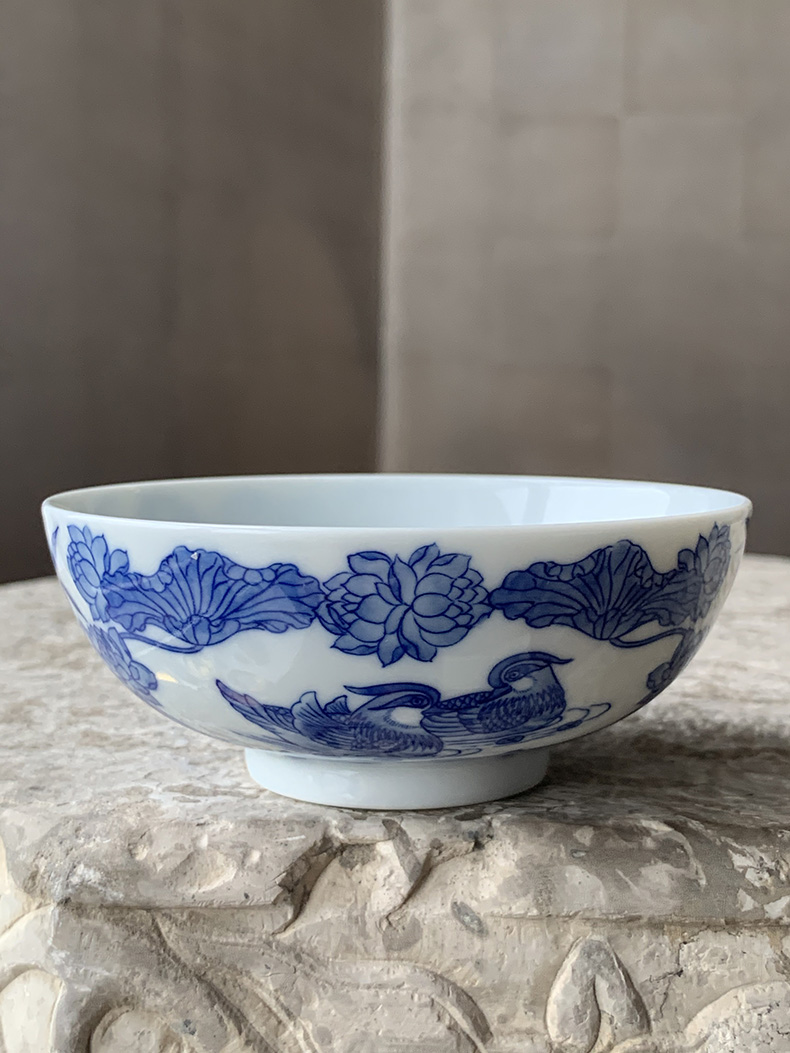 Jingdezhen spring auspicious jade Zou Jun up of eight of the blue and white lotus yuanyang new painting of flat bowl cups