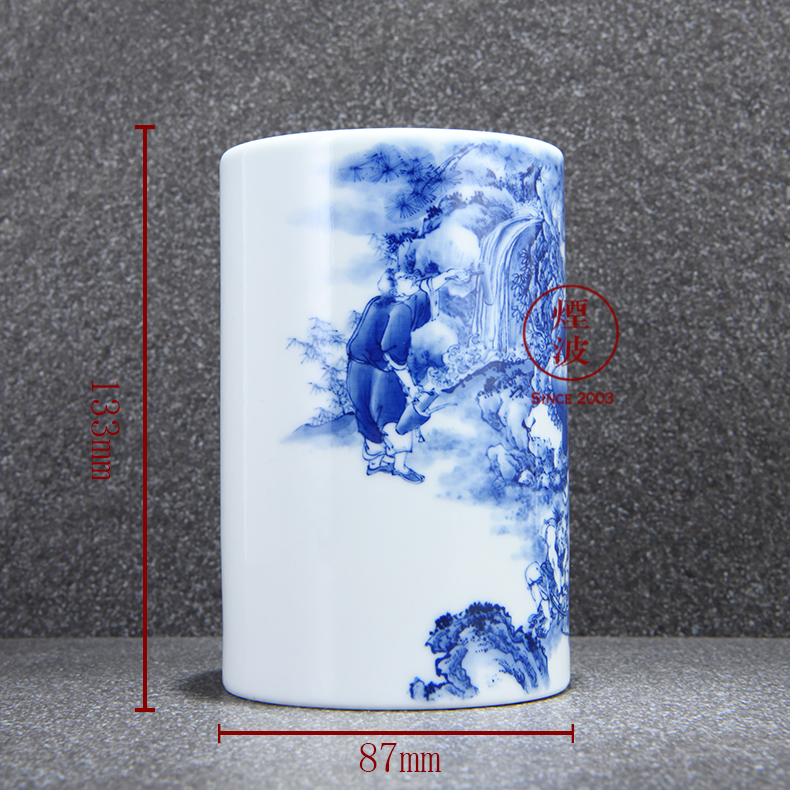 Those jingdezhen nine calcinations nine sections of the ocean 's admirable green glaze hand - made of blue and white porcelain brush pot tea tin