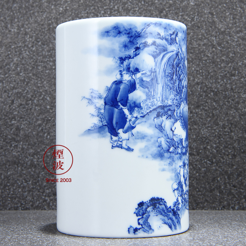 Those jingdezhen nine calcinations nine sections of the ocean 's admirable green glaze hand - made of blue and white porcelain brush pot tea tin