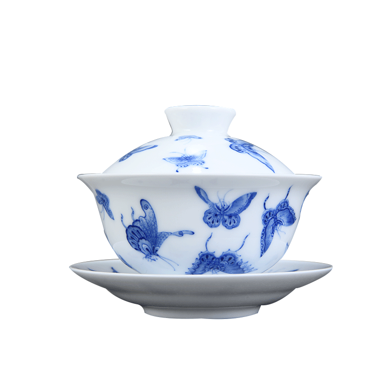 Jingdezhen blue and white nine calcinations hand hand made blue and white porcelain butterfly tureen kung fu tea cups