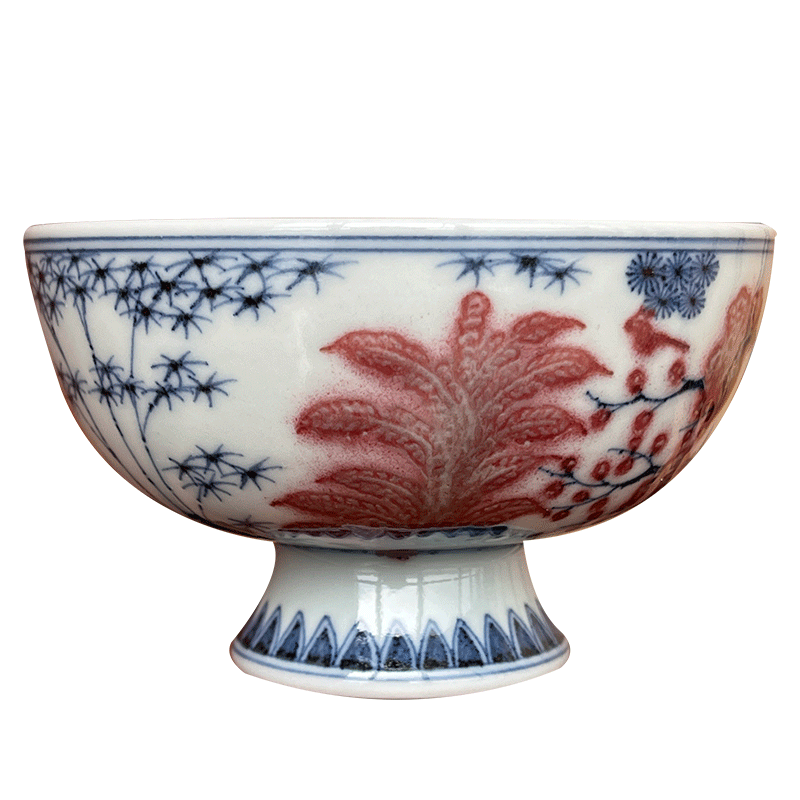 Jingdezhen spring auspicious jade Zou Jun up system with blue and white youligong shochiku meishan stone plantain footed cup drawing