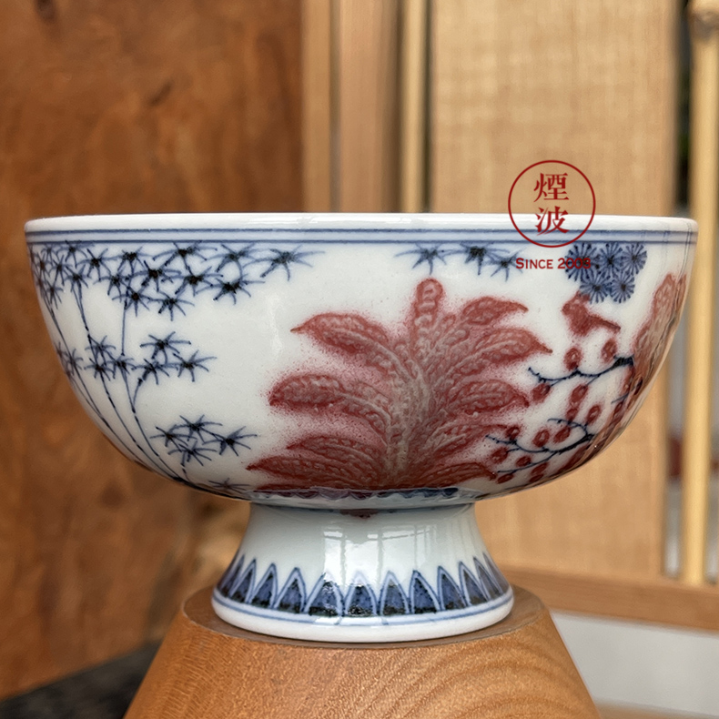 Jingdezhen spring auspicious jade Zou Jun up system with blue and white youligong shochiku meishan stone plantain footed cup drawing