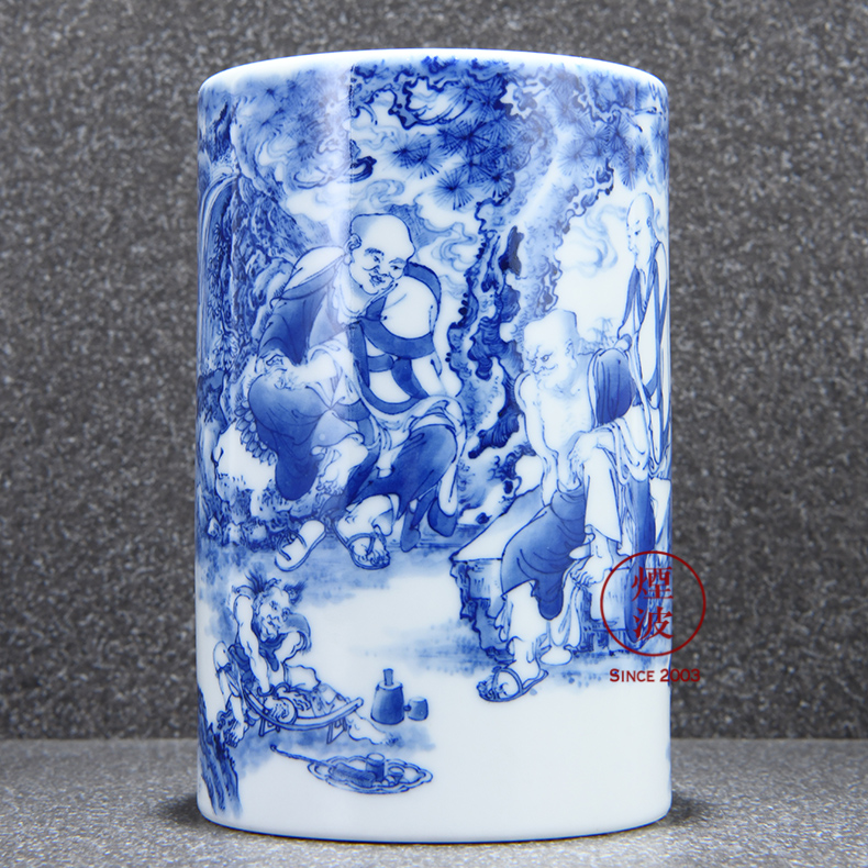 Those jingdezhen nine calcinations nine sections of the ocean 's admirable green glaze hand - made of blue and white porcelain brush pot tea tin