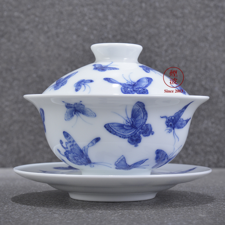 Jingdezhen blue and white nine calcinations hand hand made blue and white porcelain butterfly tureen kung fu tea cups