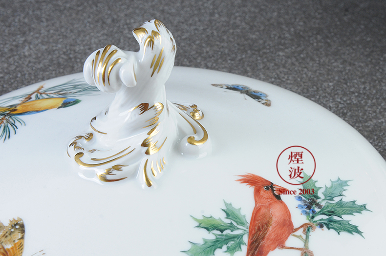 German mason MEISSEN porcelain tureen handicraft cutting new exotic birds painting party