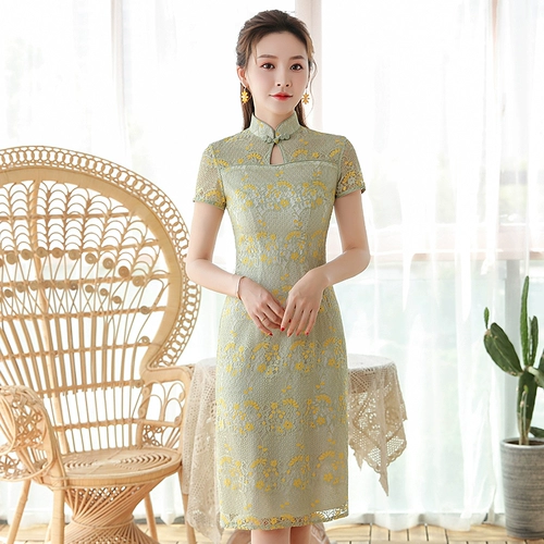 秀观唐 Летнее классическое кружевное короткое элегантное ципао, 2020, китайский стиль
