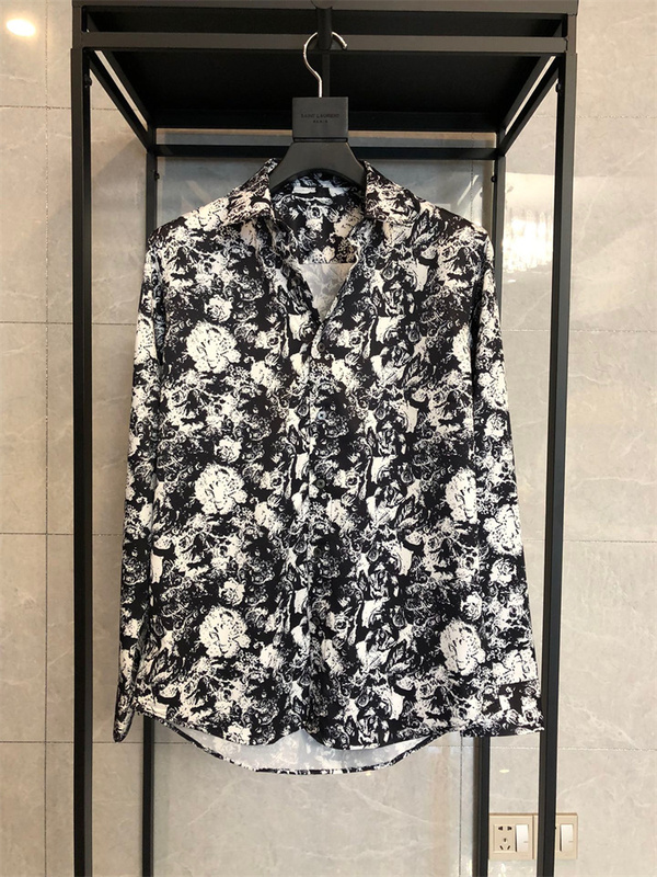 Spring and Summer New Style S1P French Rose Print Black Ice Silk Drapey Slim-Fit Long-Sleeve Shirt, High-End Men's Shirt
