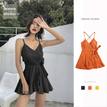 SOPHIE▲Retro designer suspenders show thin fragrance skirt one-piece v-neck ins simple swimsuit women