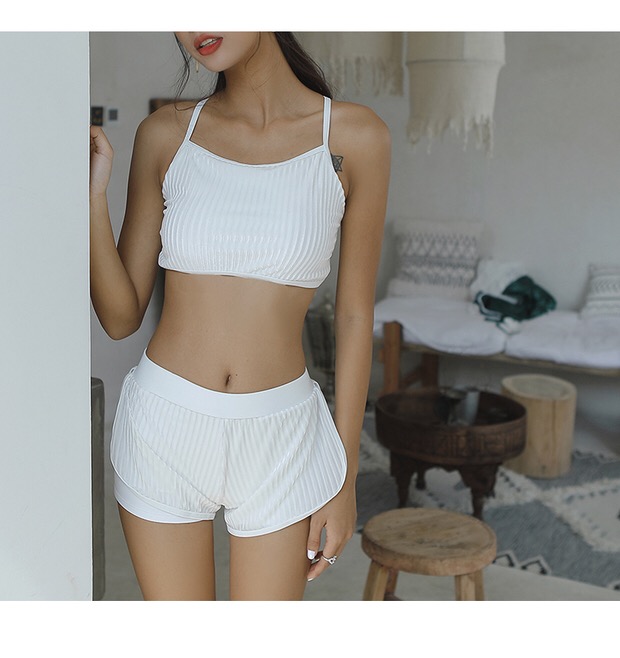 SOPHIE ▲ trắng đen đơn giản ngắn tay cao cổ kem chống nắng chia ba mảnh bảo thủ thể thao phòng tập thể dục áo tắm đồ bơi 2 mảnh kín đáo