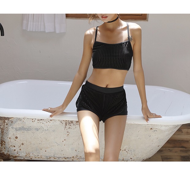 SOPHIE ▲ trắng đen đơn giản ngắn tay cao cổ kem chống nắng chia ba mảnh bảo thủ thể thao phòng tập thể dục áo tắm đồ bơi 2 mảnh kín đáo