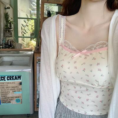 【Dear YN】 Sweet pink bow floral print top with chest pad and back center, short halter sleeveless top for women Xia Xin