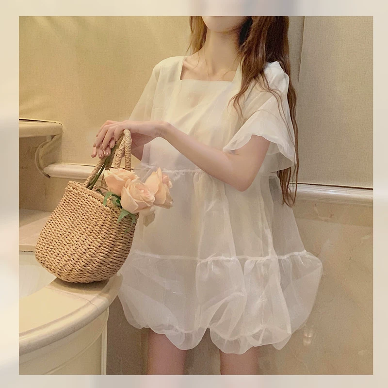 [Dear YN] "Mousse sữa" nữ ngọt ngào 2019 váy từ váy cao eo phồng tay áo - Sản phẩm HOT