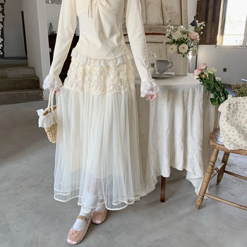 ແບບອ່ອນໂຍນແບບສາມມິຕິດອກ embroidered fairy skirt ຕາຫນ່າງ skirt ຍາວກາງຂອງແມ່ຍິງ skirt ຍາວໃຫມ່