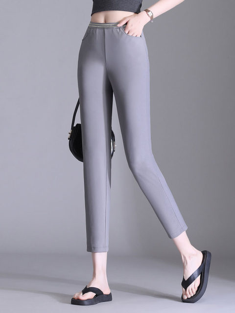 Cropped pants for women in summer new thin high elastic small quick-drying paper leather pants high waist mask pants small feet pants drooping