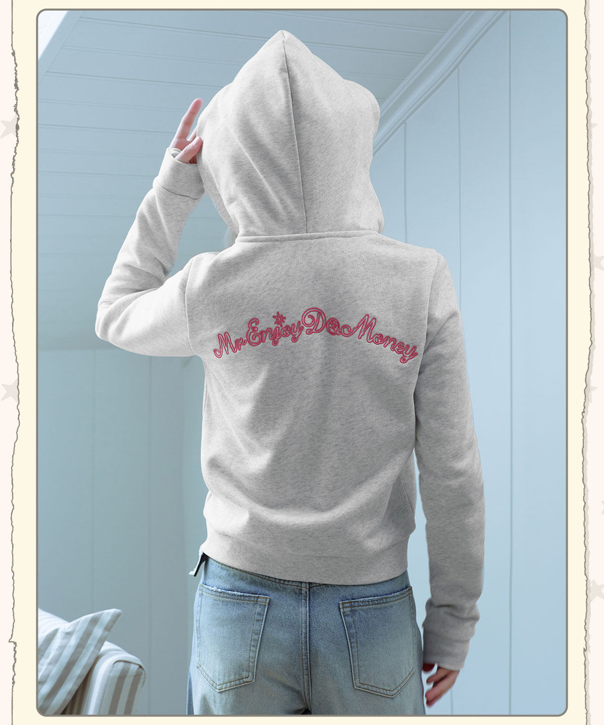 MEDM Heart Print Cropped Zip-Up Hoodie