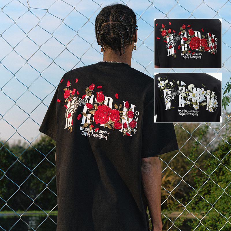 Medm25Ss Rose Embroidered T-Shirt for Women, Summer American Design Casual Short-Sleeved Men's Trendy Brand Couple Style Top