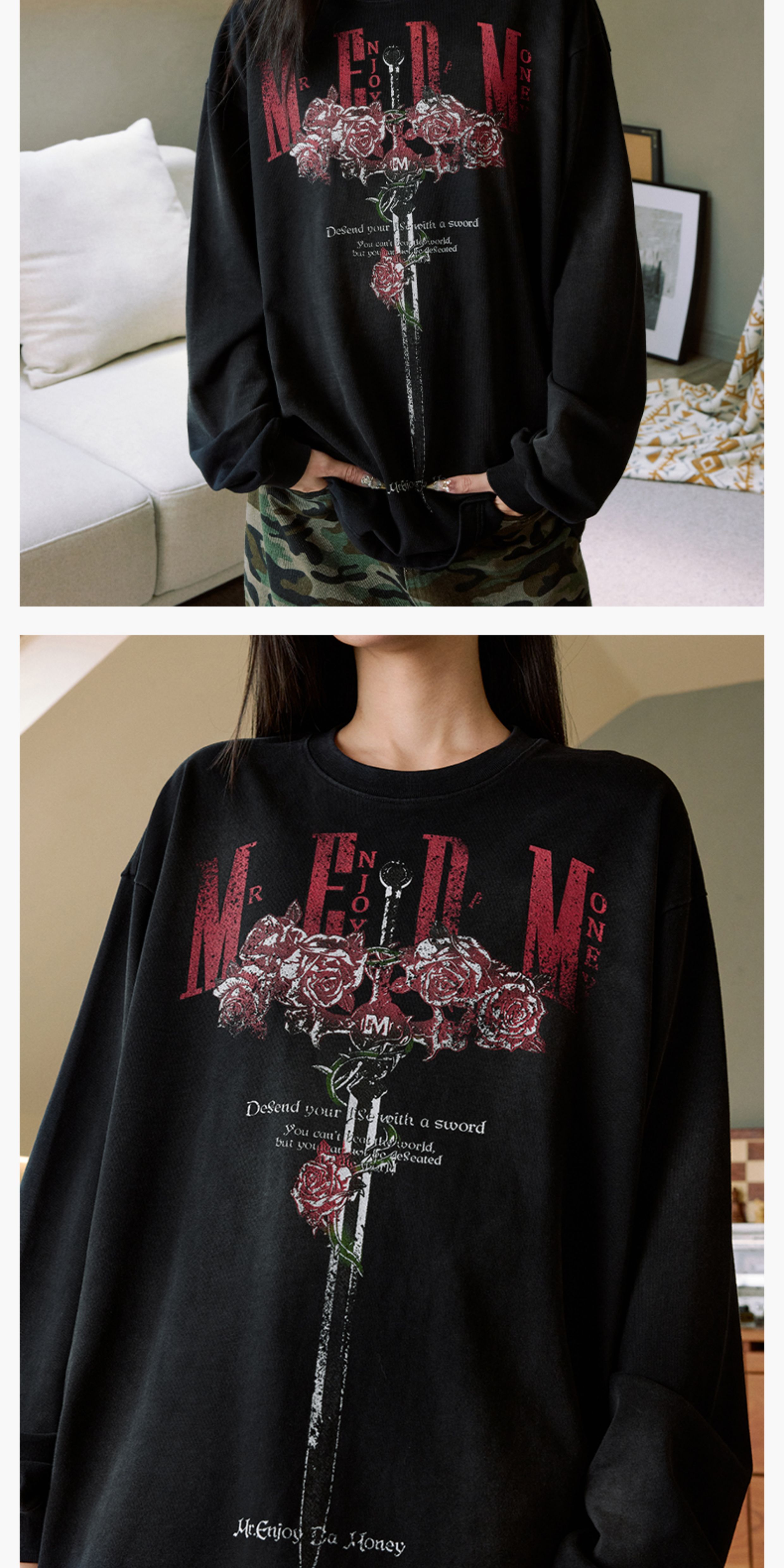 MEDM Floral Print Black American Retro Long-Sleeve Tee