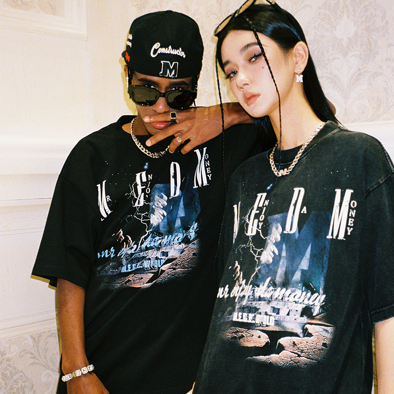 Medm Chinese Style Lightning Short-Sleeve T-Shirt for Men, Summer High Street Hip-Hop Loose Fit Couple Style Top, Same Style as Wang Hedi Medm Chinese Style Lightning Short-Sleeve T-Shirt for Men, Summer High Street Hip-Hop Loose Fit Couple Style Top, Same Style as Wang Hedi