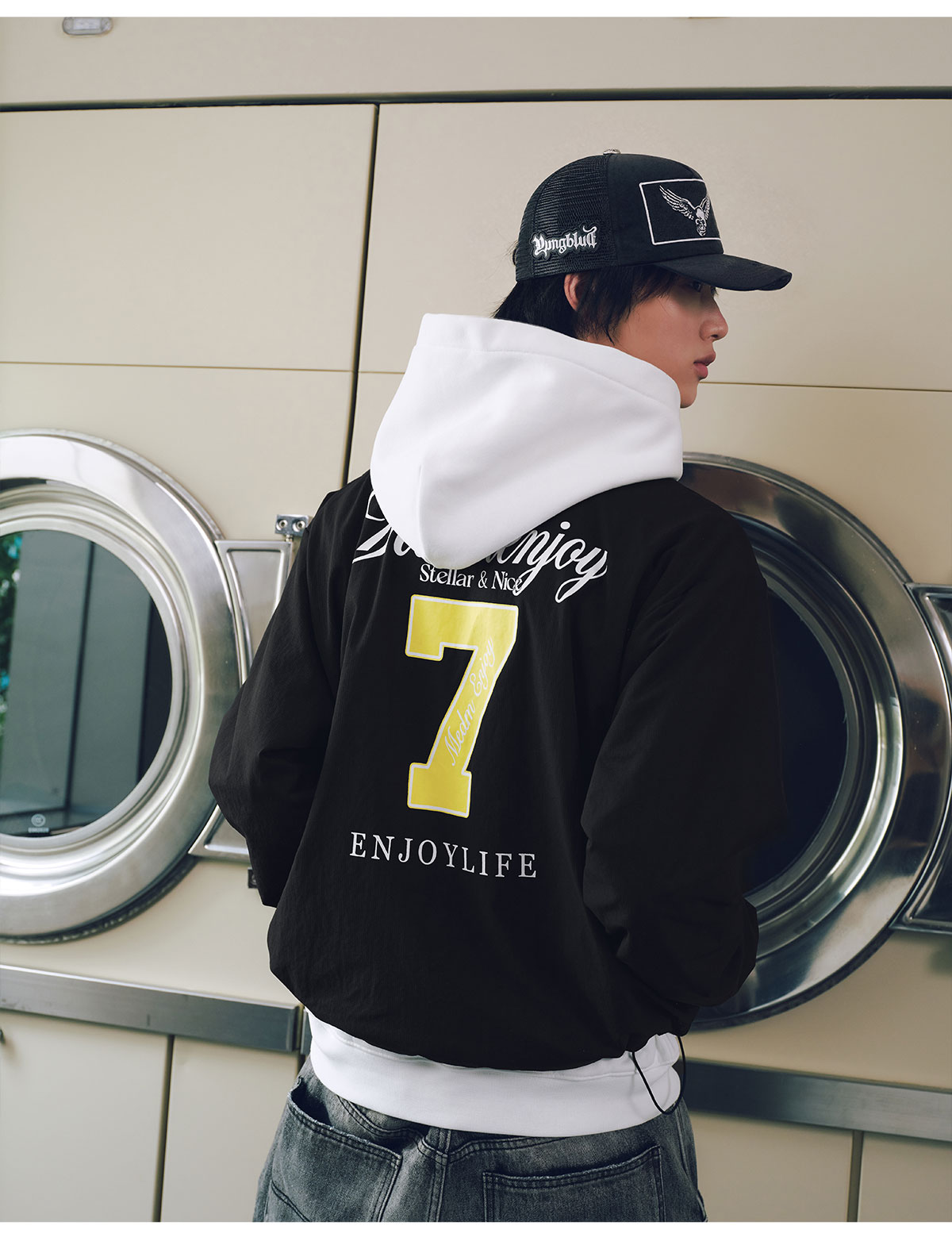 MEDM Colorblock Letter Print Zip-Up Jacket