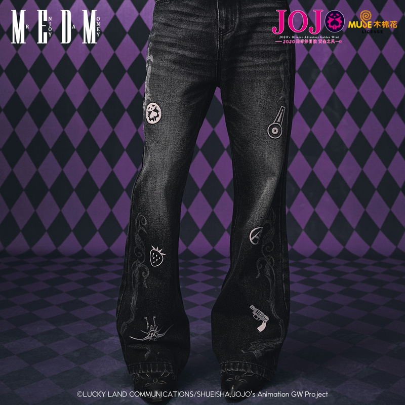 Medmxjojo's Bizarre Adventure Collaboration - All-Member Icon Embroidered Casual Jeans Washed Distressed Long Pants for Men Medmxjojo's Bizarre Adventure Collaboration - All-Member Icon Embroidered Casual Jeans Washed Distressed Long Pants for Men