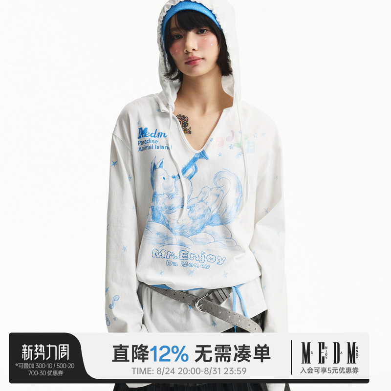 Medm Musical Instrument Angel Dog Pattern Printed Lightweight Casual Hooded T-Shirt Cute Style Top for Women