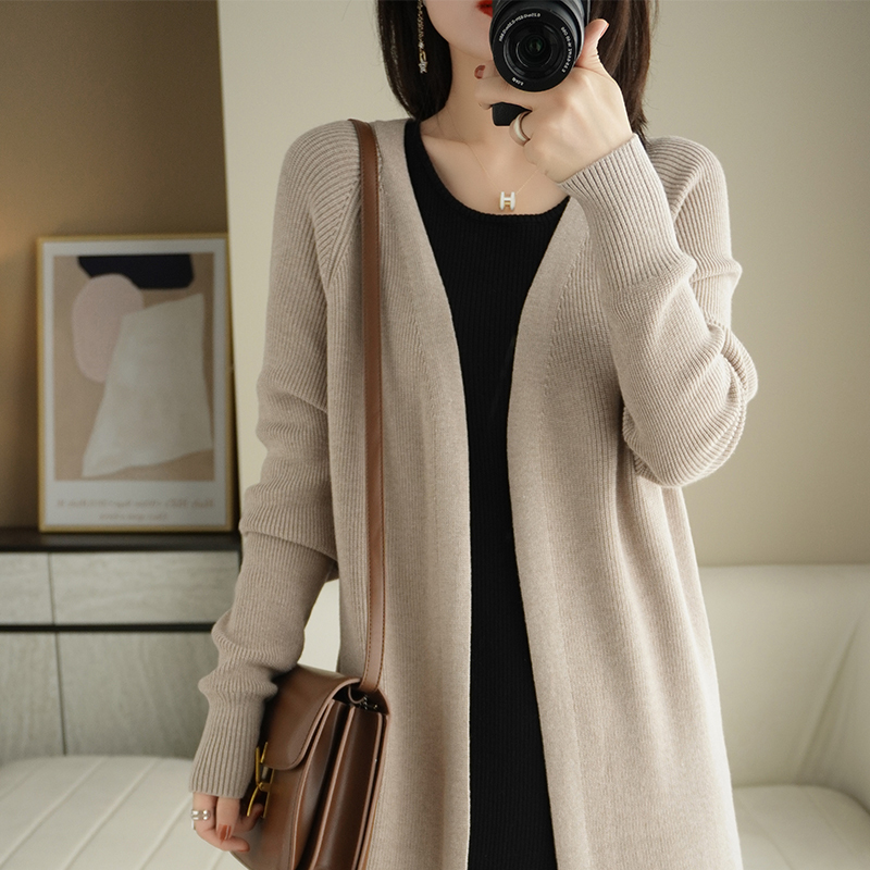 2024 Autumn New Lazy Style Long Knitted Cardigan for Women, Solid Color, Simple Design, Outerwear, Buttonless Sweater Coat