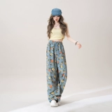 Синие летние штаны, в цветочек, эластичная талия, на шнурках, свободный крой, подходит для подростков