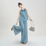 Синяя трехмерная летняя майка топ без рукавов, джинсовые штаны, в цветочек, оверсайз, свободный крой