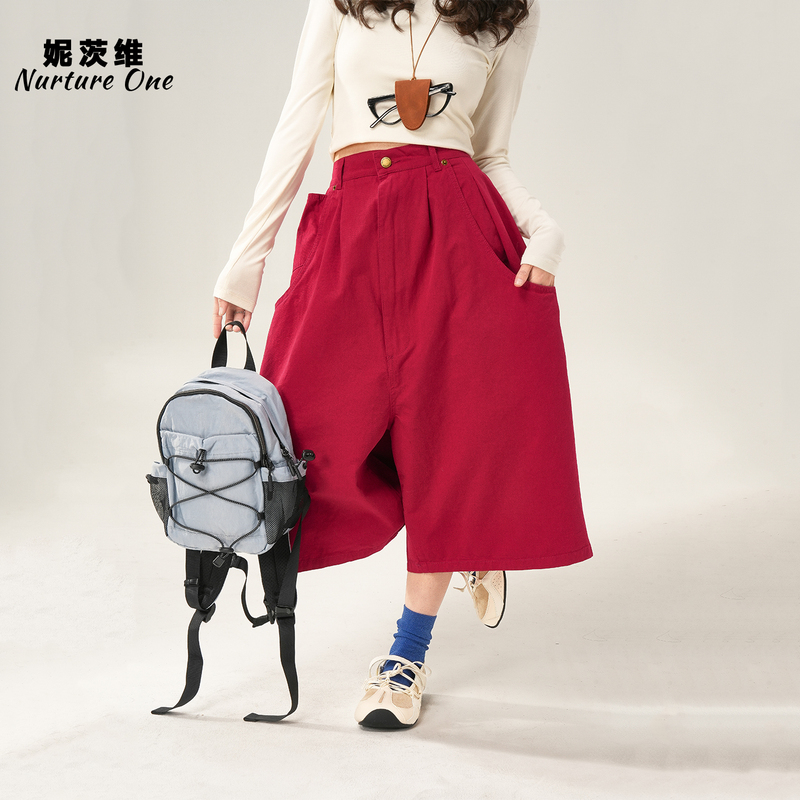 Nitzwei [Wine Red Street Style] Red High-Waisted Slimming Straight-Leg Casual Pants for Women, Wearable with Tops, Loose-Fit Mid-Length Pants