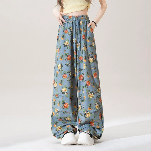 Синие летние штаны, в цветочек, эластичная талия, на шнурках, свободный крой, подходит для подростков