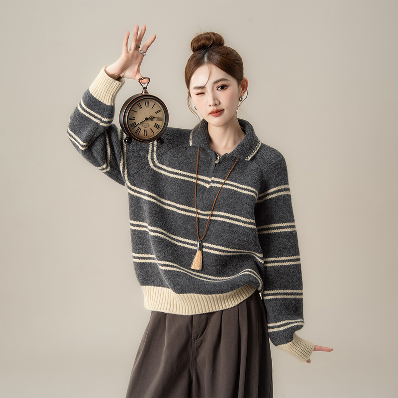 Dark Gray Lazy Casual Striped Half-Zip Lapel Sweater for Women, New Spring and Autumn Style, Loose and Slimming Knit Top Dark Gray Lazy Casual Striped Half-Zip Lapel Sweater for Women, New Spring and Autumn Style, Loose and Slimming Knit Top